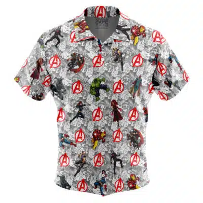 The Default Button Up Hawaiian Shirt (Copy) showcases a pattern of Marvel Avengers characters and red Avengers logos set against a gray and white background with leaf designs.
