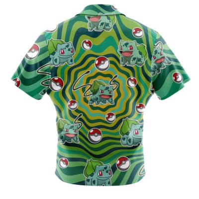 A Default Button Up Hawaiian Shirt featuring short sleeves and an all-over swirling green pattern with multiple Bulbasaur Pokémon and Poké Balls printed on the back.