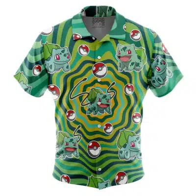 The Default Button Up Hawaiian Shirt (Copy) features a playful and vibrant design with repeating patterns of Bulbasaur, the popular Pokémon character, and Poké Balls set against a swirling green and yellow background.