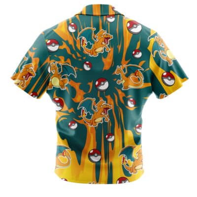 The Default Button Up Hawaiian Shirt showcases Charizard and Poké Balls on a green, yellow, and orange flame-patterned background with short sleeves.