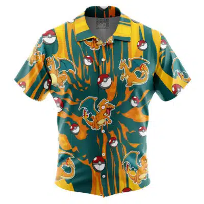 A short-sleeve Default Button Up Hawaiian Shirt featuring Charizard and Poké Balls on a teal and yellow flame-patterned background.
