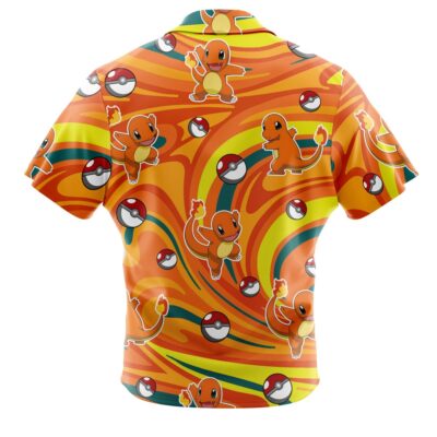 Sure! Here’s a revised version using your product data: The Default Button Up Hawaiian Shirt (Copy) features short sleeves and a vibrant swirl pattern in orange, yellow, and green, adorned with multiple images of Charmander and Poké Balls scattered across the fabric.