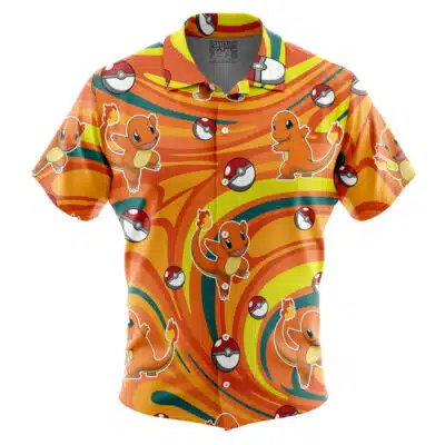 Default Button Up Hawaiian Shirt featuring a short-sleeve design, vibrant orange, yellow, and red swirl pattern, and multiple images of Charmander and Poké Balls from Pokémon.