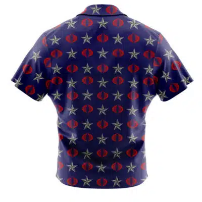 Back view of the Default Button Up Hawaiian Shirt, featuring short sleeves, a dark blue background, and a repeating pattern of silver stars and red cobra logos arranged in rows.