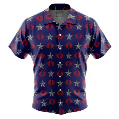 The Default Button Up Hawaiian Shirt (Copy) features short sleeves, a collar, white front buttons, and a dark blue base with silver stars and red snake emblem patterns.