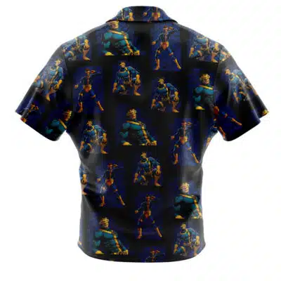 The Default Button Up Hawaiian Shirt (Copy) features a dark background with a vibrant all-over print of a muscular superhero in blue and yellow, striking dynamic poses. Shown from the back.