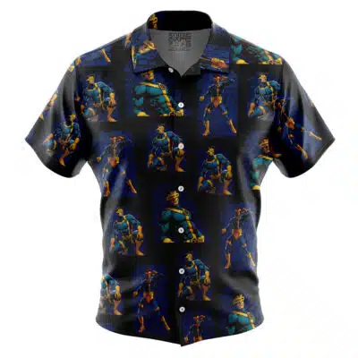 The Default Button Up Hawaiian Shirt features short sleeves and an all-over print of a muscular comic-style hero in various poses on a dark, patterned blue background.