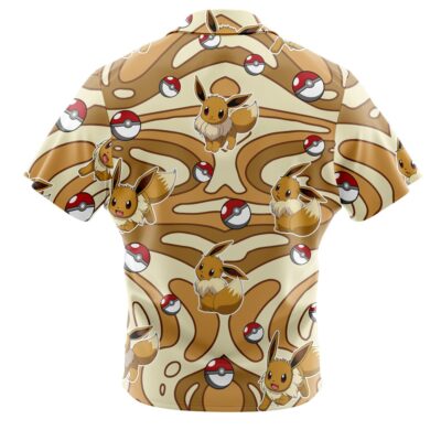 Default Button Up Hawaiian Shirt (Copy) is a short-sleeve shirt with a tan and brown abstract swirl pattern, featuring multiple images of Eevee and Poké Balls from Pokémon scattered across the design.