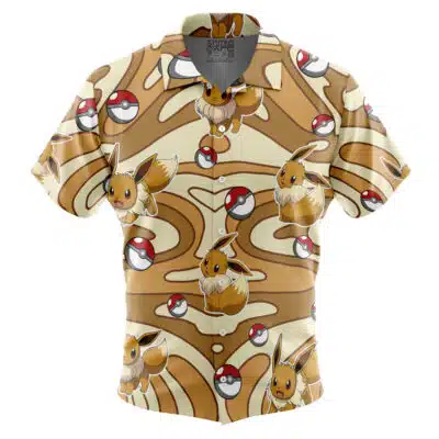 Default Button Up Hawaiian Shirt featuring short sleeves and a button-up design, adorned with an all-over print of Eevee and Poké Balls on a tan, brown, and cream swirl background.