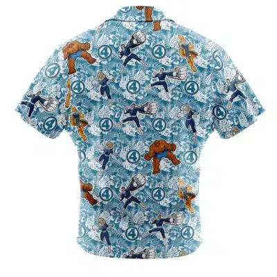 Default Button Up Hawaiian Shirt featuring short sleeves and a blue patterned background, decorated with an all-over print of the Fantastic Four superheroes—Mr. Fantastic, Invisible Woman, Human Torch, and The Thing—as well as repeated "4" logos.