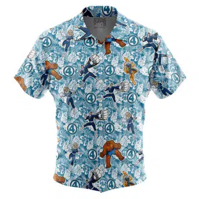 A short-sleeve button-up Hawaiian shirt, named "Default Button Up Hawaiian Shirt (Copy)," features a blue and white pattern with cartoon images of the Fantastic Four characters and the number 4 logo repeated throughout the design.