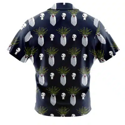 The Default Button Up Hawaiian Shirt (Copy) features short sleeves and a button-up front, showcasing a navy background adorned with repeating mandrake plant motifs and small white skulls.
