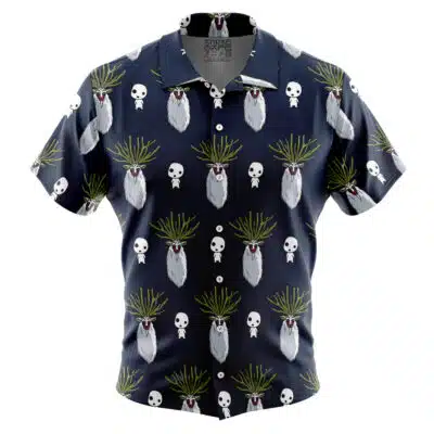 Navy Default Button Up Hawaiian Shirt featuring a repeating pattern of cartoon skulls and bearded heads with green spiky hair across the entire short-sleeve design.