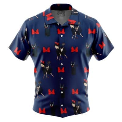 Default Button Up Hawaiian Shirt (Copy) in navy blue, featuring a repeating pattern of red bows, black cats, and a girl in a black dress with a red bow across the fabric.