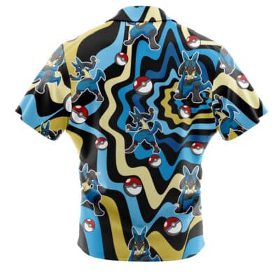 Default Button Up Hawaiian Shirt (Copy) featuring short sleeves and a pattern of Lucario and Poké Balls over black, yellow, and blue wavy lines.