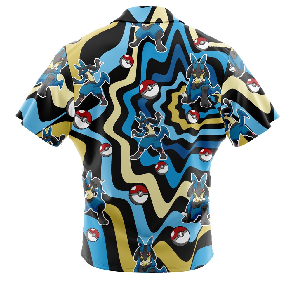Default Button Up Hawaiian Shirt (Copy) featuring short sleeves and a pattern of Lucario and Poké Balls over black, yellow, and blue wavy lines.