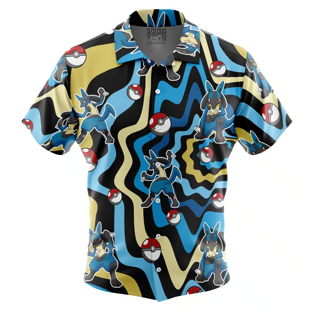 Default Button Up Hawaiian Shirt (Copy) featuring short sleeves and a button-up front, decorated with a wavy blue, yellow, and black pattern along with an all-over print of multiple Lucario Pokémon and Poké Balls.