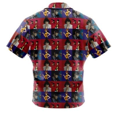 Default Button Up Hawaiian Shirt (Copy) features short sleeves and a button-up front, adorned with animated characters in different poses set against red, blue, and purple squares. The repeating pattern covers the entire back of the shirt.