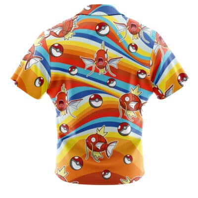 The Default Button Up Hawaiian Shirt (Copy) is a short-sleeved shirt featuring a colorful wavy pattern in orange, yellow, blue, and red, decorated with Magikarp Pokémon and Poké Balls on the back.