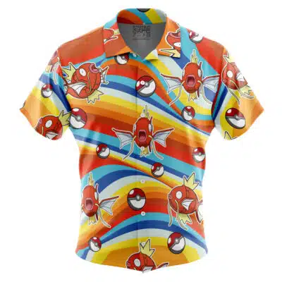 Default Button Up Hawaiian Shirt (Copy) is a short-sleeve button-up shirt featuring colorful wavy stripes and patterns with Magikarp and Poké Balls from Pokémon, set against an orange, red, blue, and yellow background.