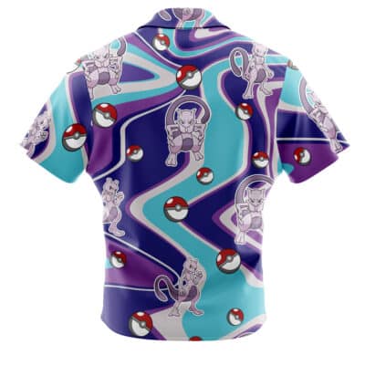 A short-sleeve Default Button Up Hawaiian Shirt featuring a wavy blue and purple pattern with Mewtwo and Poké Balls from Pokémon printed all over the back.