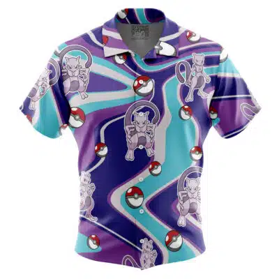 A short-sleeved Hawaiian button-up shirt named "Default Button Up Hawaiian Shirt (Copy)," featuring Mewtwo and Poké Balls on a geometric background in shades of blue, purple, and teal.