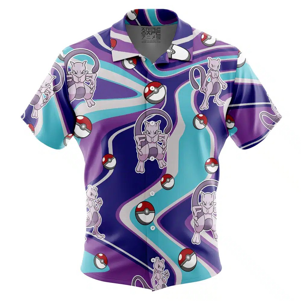 A short-sleeved Hawaiian button-up shirt named "Default Button Up Hawaiian Shirt (Copy)," featuring Mewtwo and Poké Balls on a geometric background in shades of blue, purple, and teal.