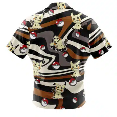 The Default Button Up Hawaiian Shirt (Copy) is a short-sleeve shirt with a wavy brown, black, and white pattern, featuring multiple Mimikyu Pokémon and Poké Balls scattered across the design.