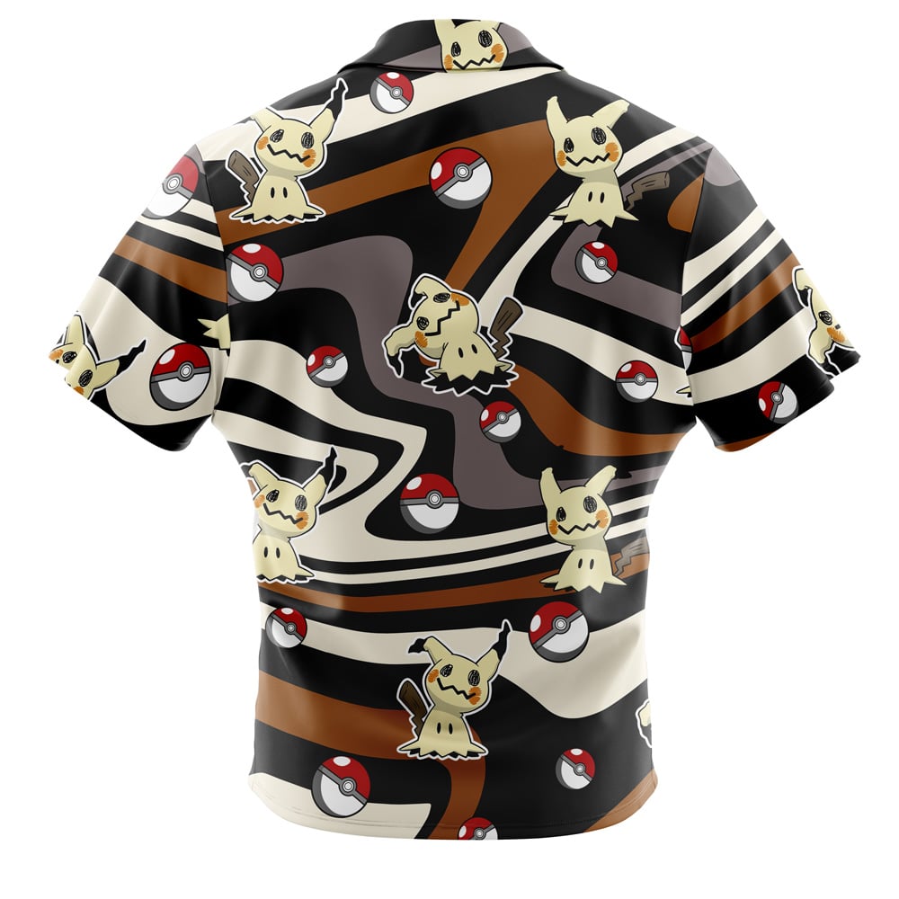 The Default Button Up Hawaiian Shirt (Copy) is a short-sleeve shirt with a wavy brown, black, and white pattern, featuring multiple Mimikyu Pokémon and Poké Balls scattered across the design.