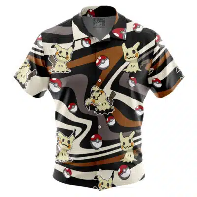 Default Button Up Hawaiian Shirt featuring a wavy brown, black, and white pattern with images of Mimikyu and Poké Balls from Pokémon.