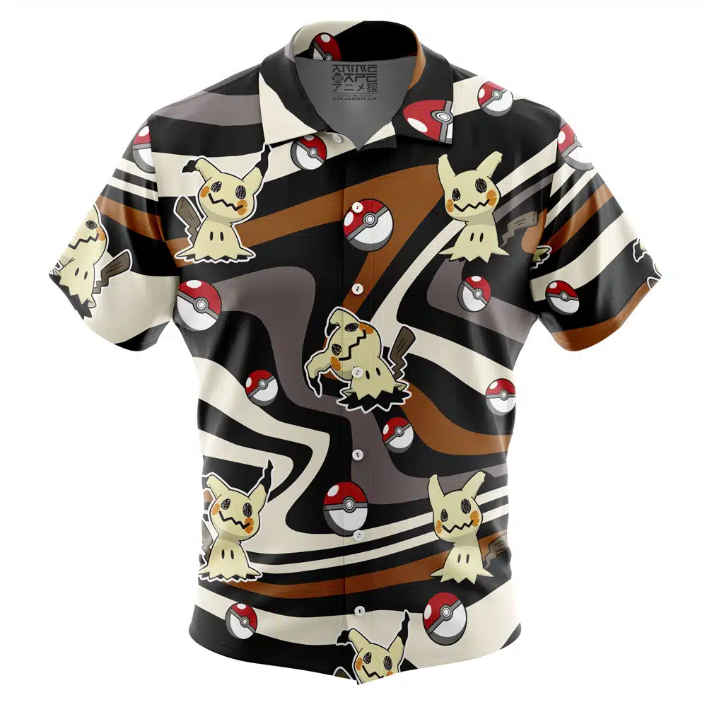 Default Button Up Hawaiian Shirt featuring a wavy brown, black, and white pattern with images of Mimikyu and Poké Balls from Pokémon.