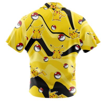 A playful short-sleeve button-up Hawaiian shirt featuring a yellow background with multiple Pikachu characters and Poké Balls arranged in a wavy pattern. Product Name: Default Button Up Hawaiian Shirt (Copy).