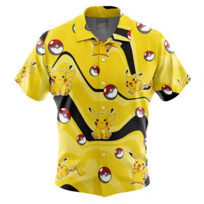 The Default Button Up Hawaiian Shirt (Copy) is a yellow short-sleeve shirt featuring Pikachu and Poké Balls set against wavy black, white, and beige stripes.