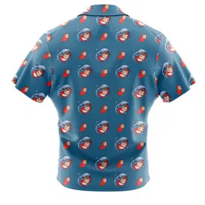 Default Button Up Hawaiian Shirt (Copy) in blue, featuring an all-over repeating pattern of cartoon monkeys in space helmets and small red birds evenly distributed across the back.