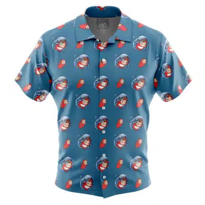 Default Button Up Hawaiian Shirt (Copy) featuring short sleeves and a blue background with a repeating pattern of cartoon astronauts and red fishes.