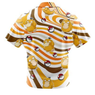 The Default Button Up Hawaiian Shirt (Copy) is a short-sleeve shirt with a wavy brown, orange, and white pattern and features multiple Psyduck and Poké Ball illustrations from Pokémon on the back.