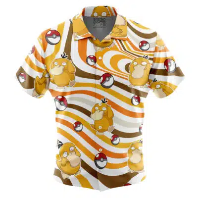 The Default Button Up Hawaiian Shirt (Copy) is a short-sleeve button-up shirt with a colorful, wavy pattern in orange, brown, and white, featuring images of Psyduck and Poké Balls from Pokémon.