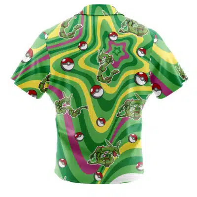 The Default Button Up Hawaiian Shirt (Copy) is a short-sleeve shirt featuring green, yellow, and purple swirls with images of Rayquaza and Poké Balls from Pokémon scattered throughout the pattern.