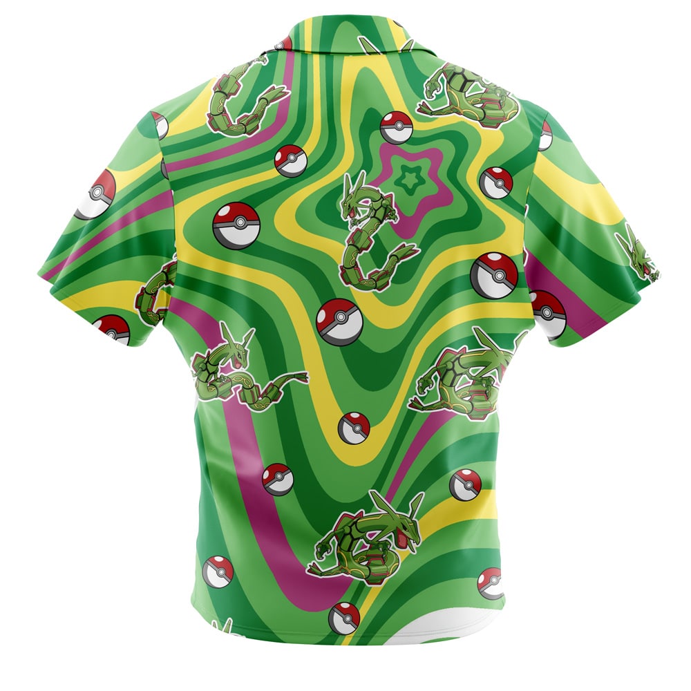 The Default Button Up Hawaiian Shirt (Copy) is a short-sleeve shirt featuring green, yellow, and purple swirls with images of Rayquaza and Poké Balls from Pokémon scattered throughout the pattern.
