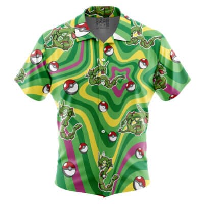 The Default Button Up Hawaiian Shirt (Copy) features short sleeves and a button-up front, with a green, yellow, and purple swirl pattern decorated with cartoon creatures and red-and-white Poké Balls across the fabric.