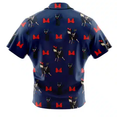 A navy blue "Default Button Up Hawaiian Shirt (Copy)" featuring a pattern of red bows, black cats, and a girl in a black dress riding a broomstick, repeated across the fabric.