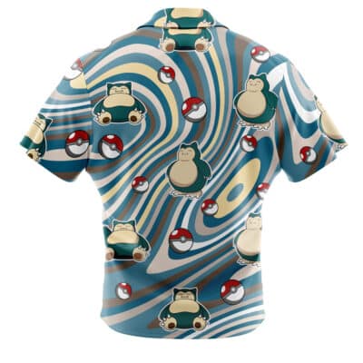 Default Button Up Hawaiian Shirt featuring a wavy blue, brown, and white pattern with images of Snorlax and Poké Balls scattered across the short sleeves.