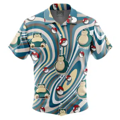 The Default Button Up Hawaiian Shirt (Copy) is a short-sleeved button-up shirt with swirling blue, white, and beige patterns, featuring images of Snorlax and Poké Balls from Pokémon.
