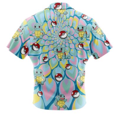 The Default Button Up Hawaiian Shirt (Copy) is a short-sleeve shirt with a pastel, psychedelic swirl pattern, featuring multiple images of Squirtle and Poké Balls scattered across the fabric.