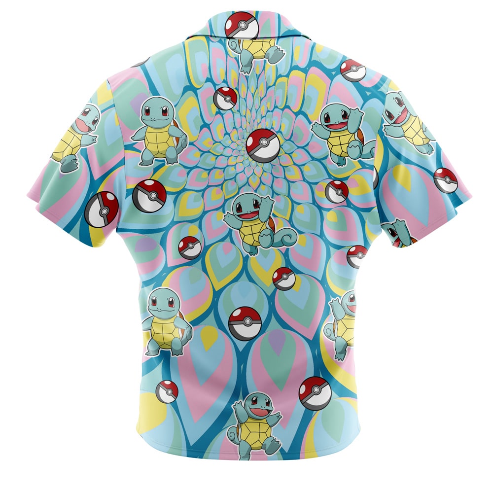 The Default Button Up Hawaiian Shirt (Copy) is a short-sleeve shirt with a pastel, psychedelic swirl pattern, featuring multiple images of Squirtle and Poké Balls scattered across the fabric.