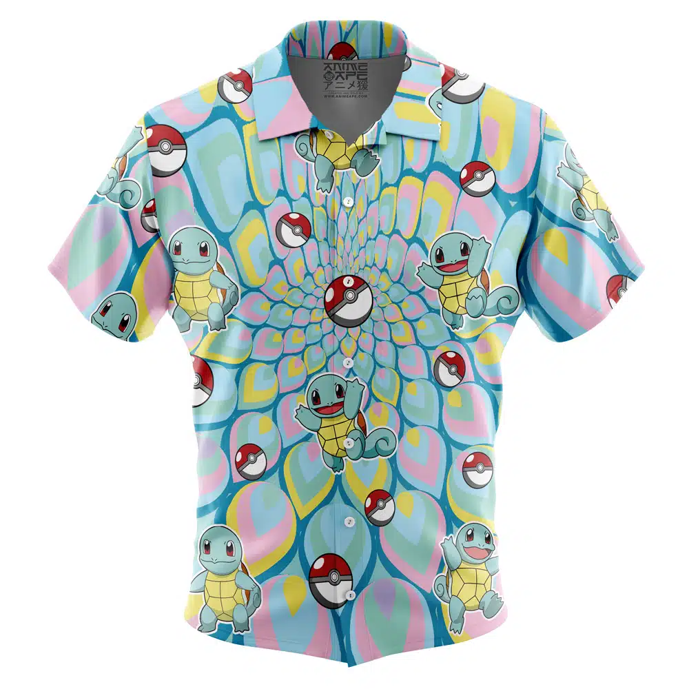 The Default Button Up Hawaiian Shirt (Copy) is a short-sleeve button-up shirt with a vibrant spiral pattern featuring multiple Squirtle cartoon characters and Poké Balls on a pastel blue, pink, and yellow background.