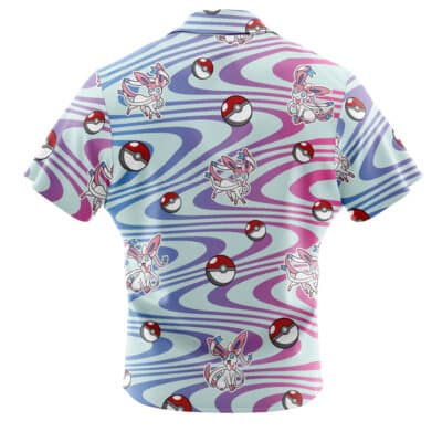 A short-sleeved Default Button Up Hawaiian Shirt (Copy) featuring a swirling blue, purple, and pink pattern with images of Sylveon Pokémon and Poké Balls.