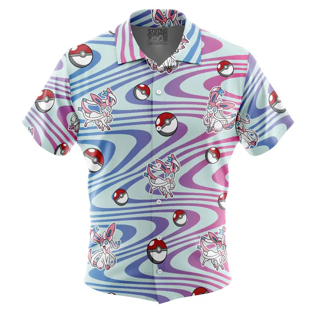Default Button Up Hawaiian Shirt featuring a short-sleeve design with a blue, purple, and pink wavy pattern adorned with Sylveon and Poké Balls throughout.