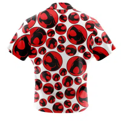 The image displays the back of the Default Button Up Hawaiian Shirt, a short-sleeved shirt with a repeating pattern of red and black ThunderCats logos on a white background.