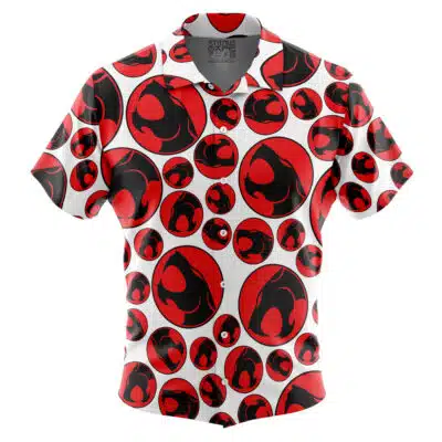 The Default Button Up Hawaiian Shirt features a short-sleeve design with a red, black, and white circular ThunderCats logo pattern repeated across the fabric.